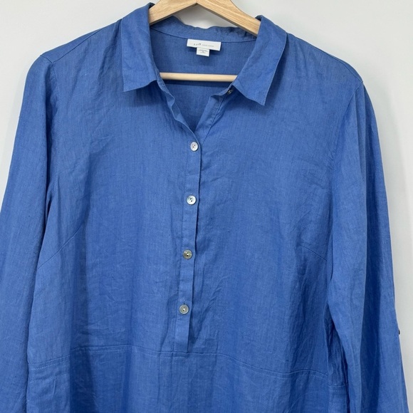 J. Jill Love Linen Casual Blue Button Down tunic top pockets Sz Med coastal - Picture 2 of 10